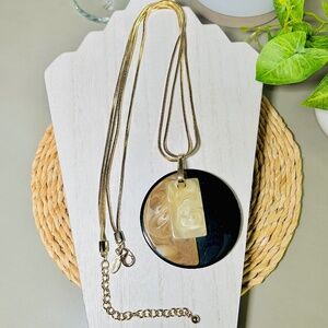 CHICO’S Black & Tan Art Deco Acrylic Large Pendant Necklace with gold metal acce